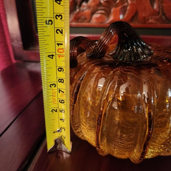 5" H Hand-Blown Glass Pumpkin Decoration with Crackled Finish in Amber & Brown - Picture 6 of 7